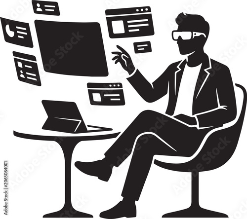 Professional Businessman Wearing AR Glasses Interacting with Floating Digital User Interface Screens