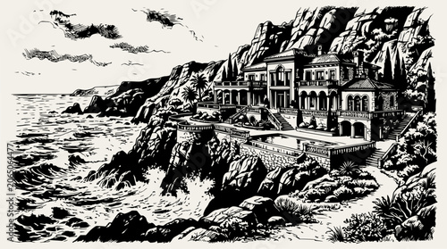 Luxury Cliffside Villa with Ocean View - Ink Sketch