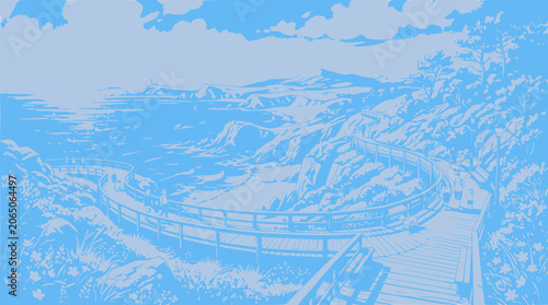 Scenic coastal boardwalk winding through hills with ocean views