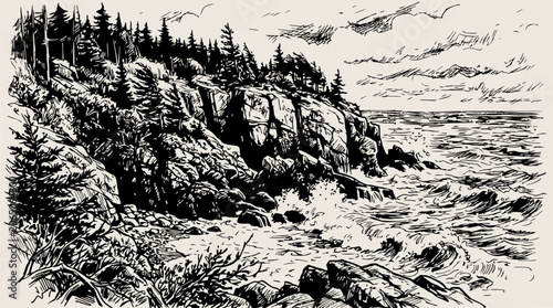 Craggy Coastline with Pine Trees and Crashing Waves, Vintage Sketch Style