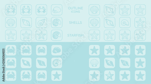 Set of Ocean Sea Life Outline Icons: Crabs, Shells, Starfish