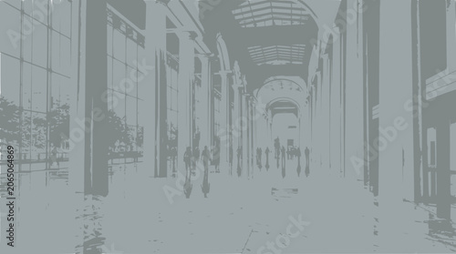 Modern architecture interior hallway with columns and people walking, contemporary building design