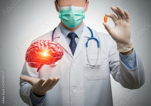 Doctor holding model heart and pill