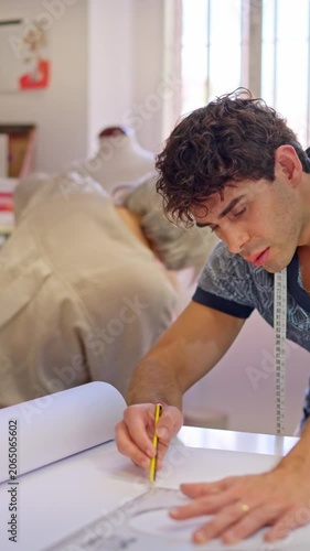 Young tailor drawing a sewing pattern