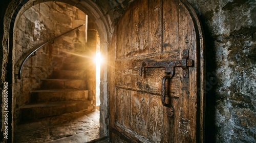 Old wooden door with iron latch opening to sunlit stone staircase interior