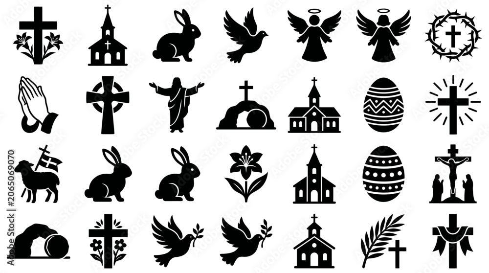 Fototapeta premium Christian and Easter religious silhouette icons featuring crosses, churches, bunnies, angels, and doves for holiday celebration and spiritual design