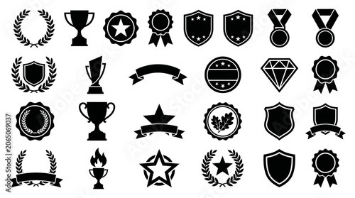 Set of Award Trophies, Medals and Laurel Wreaths Silhouette Icons for Achievement and Victory