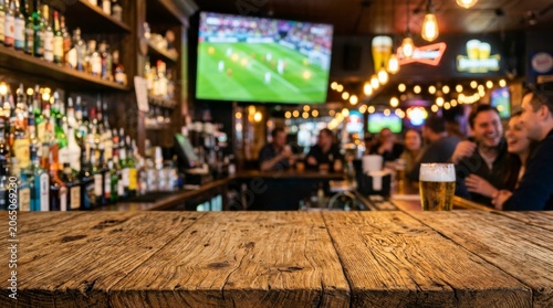 Sports Bar Interior with Wooden Counter and TV soccer background