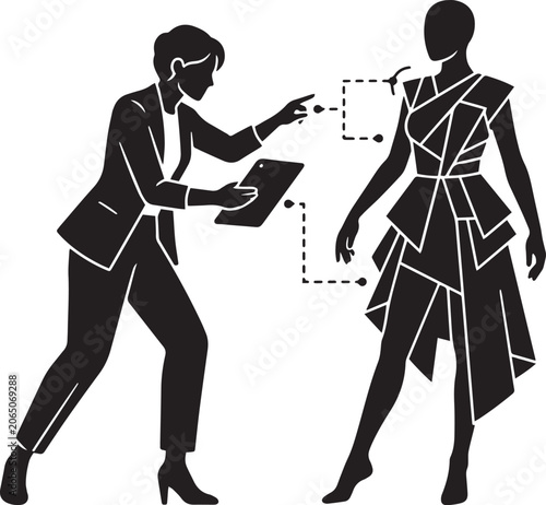 Professional fashion designer using digital tablet to create futuristic dress on mannequin silhouette