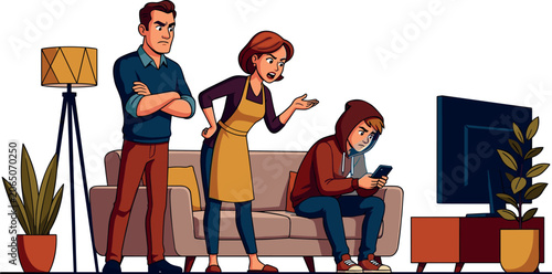 Tableau sur toile Angry parents scolding teenage boy looking at phone instead of watching televisi