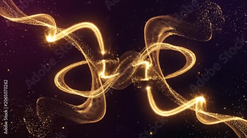 Dark abstract background with golden light trails and glittering particles