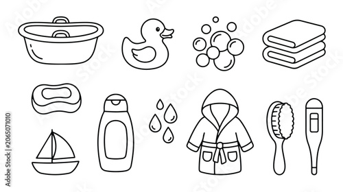 Baby bath time icon set in outline style, infant hygiene and nursery care vector elements, newborn bathroom accessories and toy collection