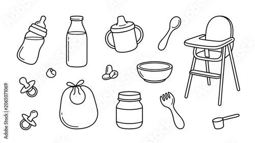 Minimalist baby feeding icon set, hand drawn infant mealtime accessories, black and white nursery vector illustrations for parenting blogs