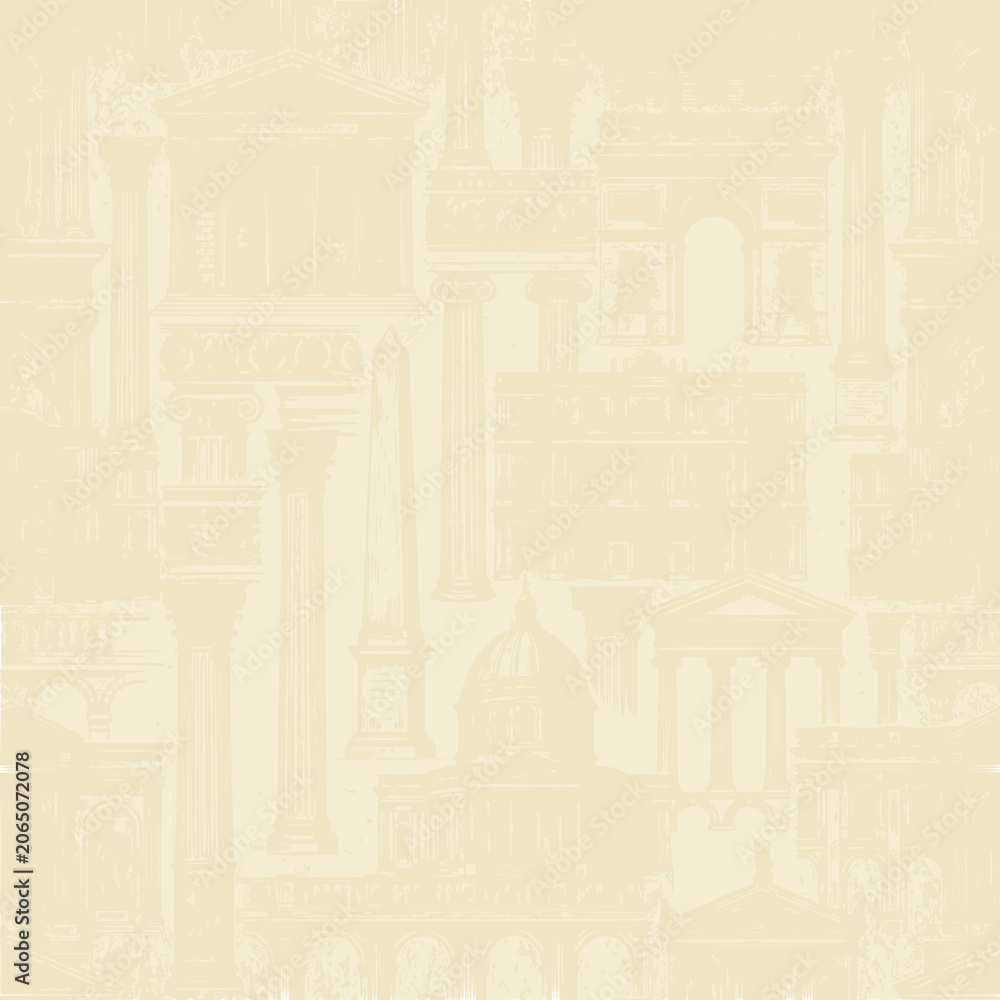 Obraz premium Vintage Architectural Collage: Classical Buildings and Columns on Faded Parchment Background