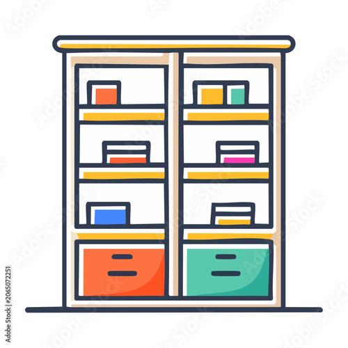Colorful bookshelf with drawers and books