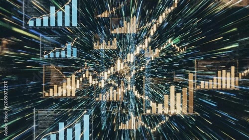 Digital data explosion with charts and radiating light streaks