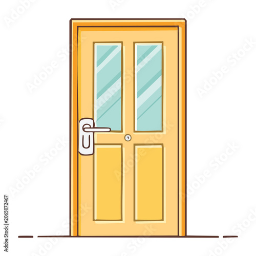 Flat design illustration of a wooden door with glass panels