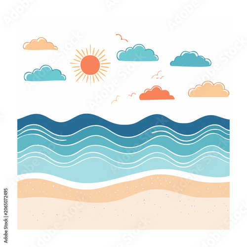 Flat Design Ocean Beach Scene with Sun and Clouds