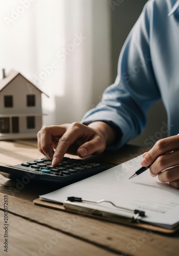 Real estate agent or homebuyer calculating property taxes and mortgage payments with a house model