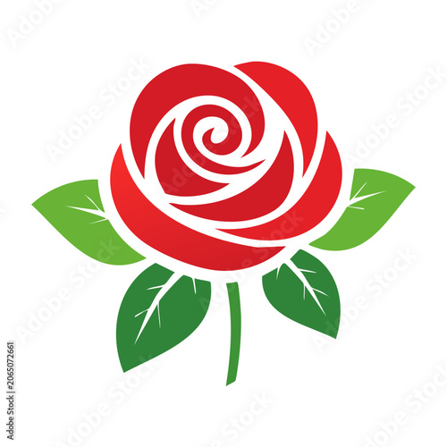 Red rose icon with green leaves on transparent background