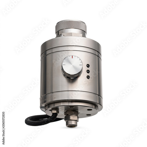 Industrial stainless steel cylindrical control device with a rotating dial knob and status indicator lights on a white background isolated on a transparent background