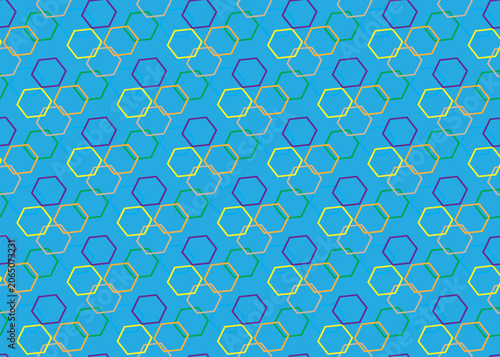 olorful Hexagonal Seamless Pattern on Blue Textured Background Abstract Geometric Wallpaper