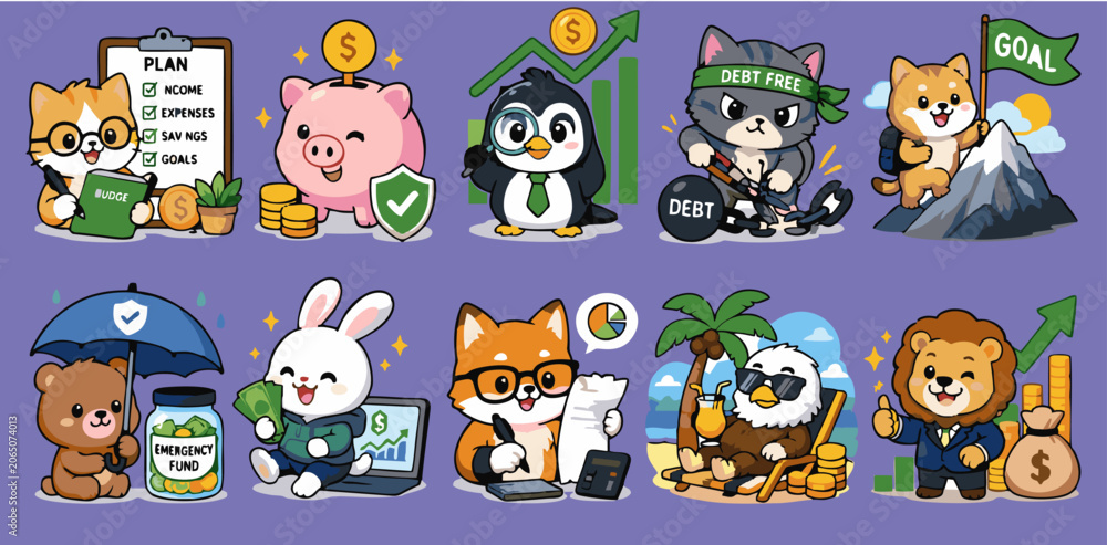 Obraz premium Cute financial literacy animal characters set, kawaii finance management and investment goals vector sticker collection