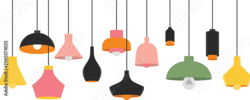 Konstfotografi Hanging pendant lamps vector illustration set featuring colorful modern ceiling light fixtures and industrial chandeliers in flat design isolated on a white background