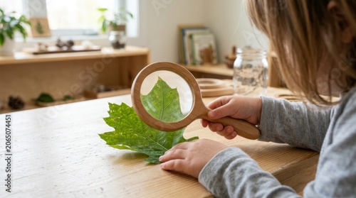 Child Examining Leaf with Magnifying Glass in Kindergarten Classroom