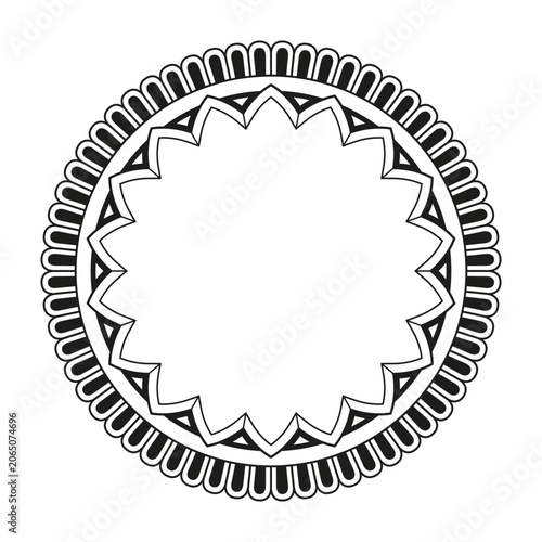 Black and white circular mandala frame with layered geometric petals and scalloped border. Abstract round meander, circular geometric ornament. Symmetrical ornamental vector design.