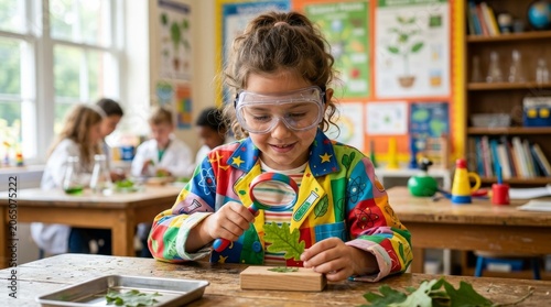 Young Girl in Science Lab Coat Conducts Experiment with Magnifying Glass in Classroom