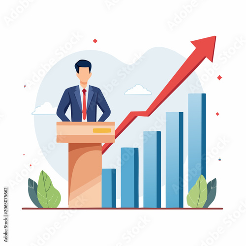 Businessman Speaking at Podium with Upward Trend Graph