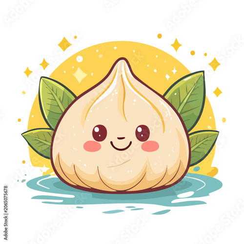 Cartoon pumpkin with leaves and stem