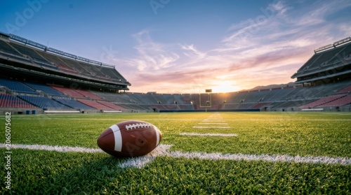 American football on field in stadium at sunset soccer background