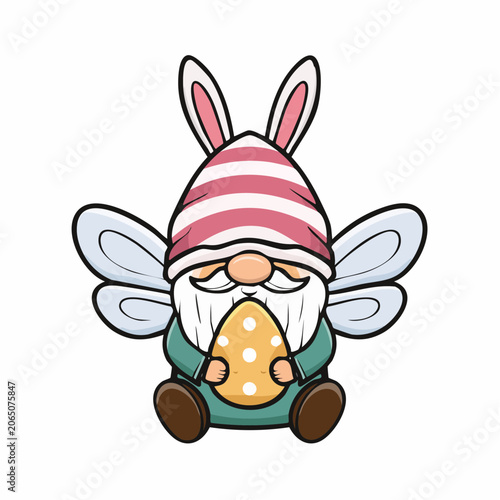 Cute Easter Gnome with Bunny Ears and Wings Holding an Egg