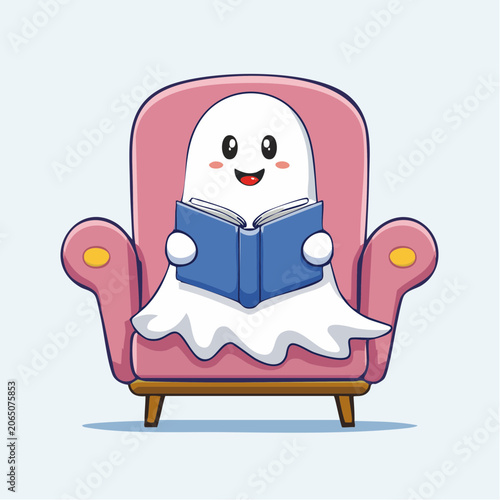 Cute ghost reading a book on a pink armchair
