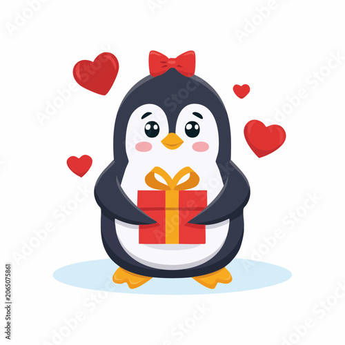 Cute Penguin Holding a Gift with Hearts