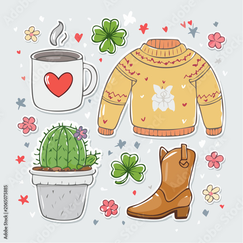 Cute Sticker Collection: Coffee, Cactus, Sweater, Boot, and Clovers