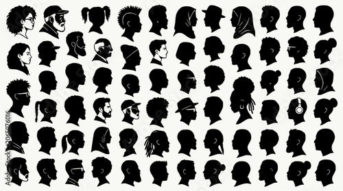 Diverse Human Silhouettes Collection: Faces, Hairstyles, and Headwear in Profile