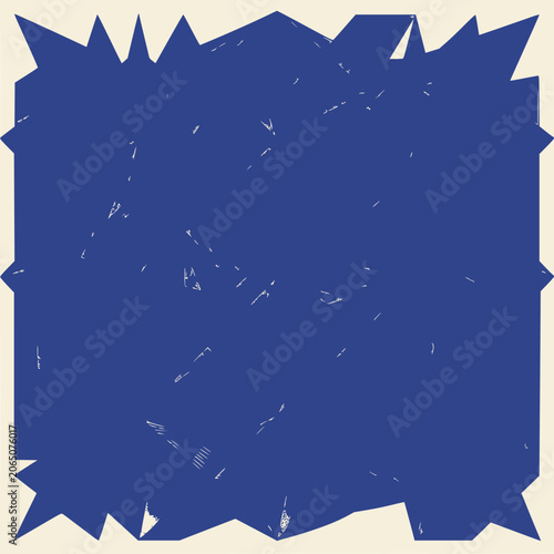 Abstract jagged blue shape with distressed texture on cream background