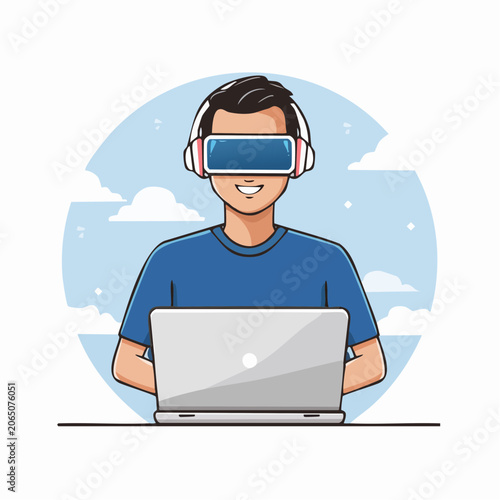 Man Wearing VR Headset and Headphones Using Laptop