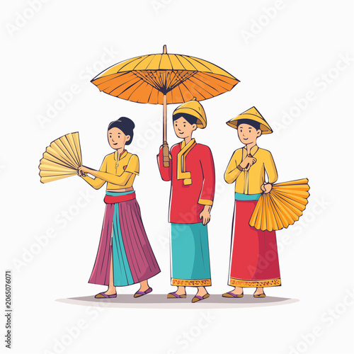 People in Traditional Asian Attire with Umbrella and Fans