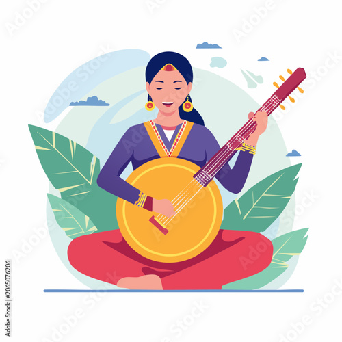 Woman Playing Veena Instrument