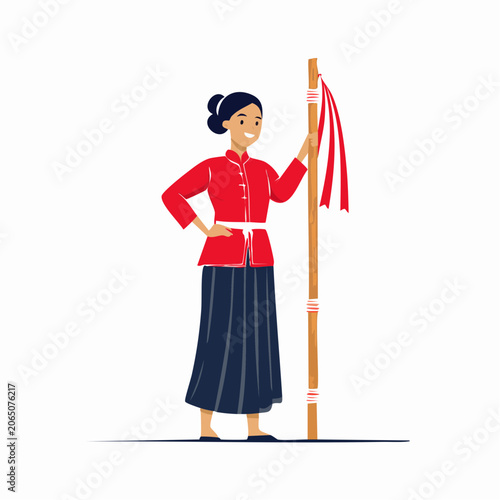 Woman in Traditional Red Outfit Holding a Bamboo Pole with Ribbons