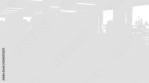 Blurred figures in a bright, modern office space with cityscape view