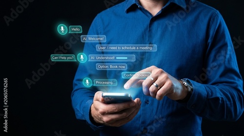 Person using ai voice assistant on smartphone for meeting scheduling