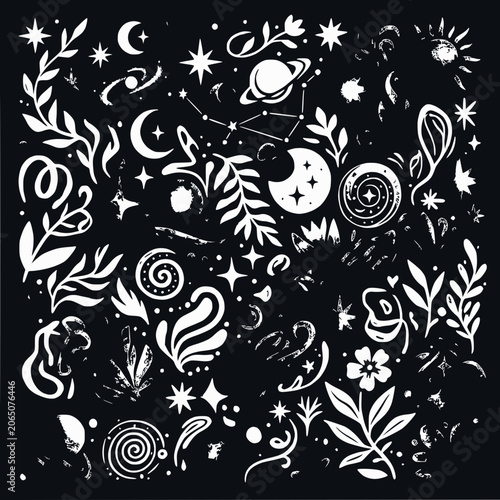 Celestial Botanical Elements: Moon, Stars, Planets, Constellations, Leaves, Flowers - White on Black