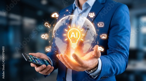 Businessman holding digital ai globe with technology icons