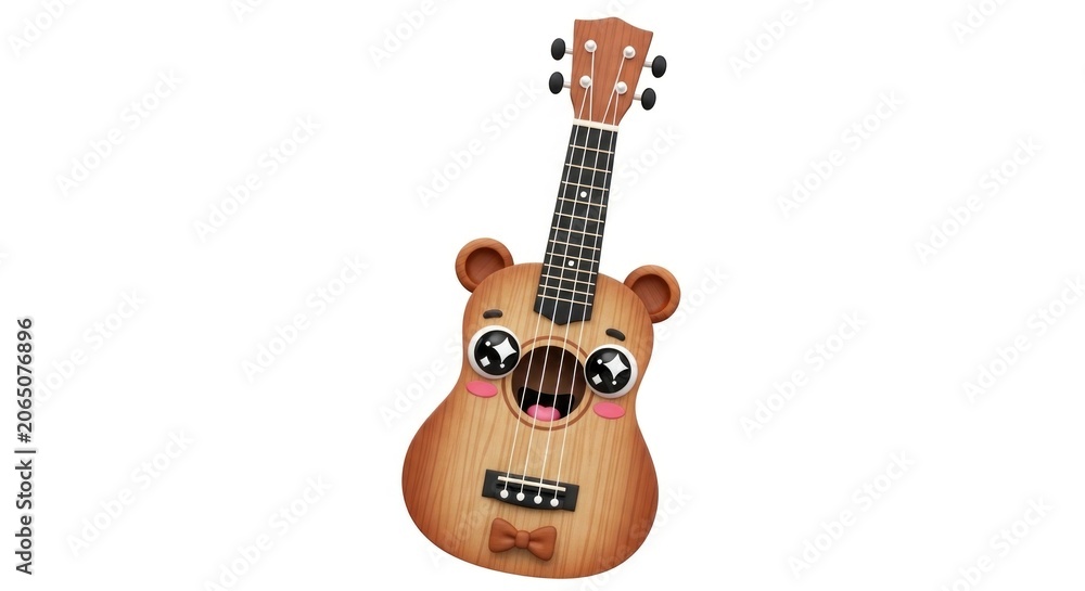 Naklejka premium Bear shaped wooden ukulele with cute character face