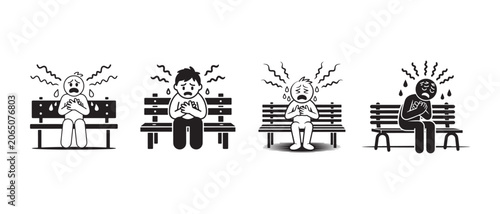 Принти на полотні People experiencing panic attacks sitting on park benches in a minimalist black and white vector style